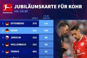 德甲歷史黃牌數(shù)量排名：埃芬博格111黃居首，D-科爾100黃次席