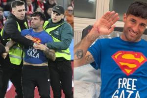 挪威vs以色列的比賽中有球迷沖進(jìn)球場(chǎng)，T恤寫著“自由加沙”口號(hào)