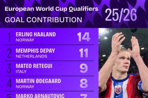 本屆歐洲世預(yù)賽參與進球榜：哈蘭德14球居首，德佩11球次席