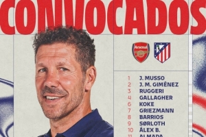 馬競客戰(zhàn)阿森納名單：阿爾瓦雷斯、格列茲曼領(lǐng)銜，卡爾多索缺席