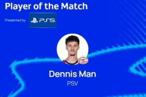 梅開二度，歐冠官方：丹尼斯-曼當(dāng)選埃因霍溫6-2那不勒斯全場(chǎng)最佳