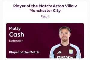 打進(jìn)制勝球，卡什當(dāng)選維拉vs曼城全場(chǎng)最佳球員