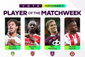 英超官方評第9輪最佳球員候選：埃澤、姆伯莫領(lǐng)銜，范德芬在列