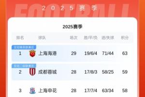 中超積分榜：海港先賽4分領(lǐng)跑！若蓉城輸球+申花不勝將送海港奪冠