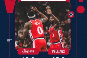 壓哨絕殺的NBA杯首勝！快船贏球海報：比爾和小卡擊掌慶祝