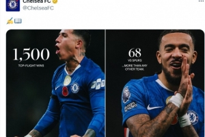 切爾西達(dá)成1500場(chǎng)頂級(jí)聯(lián)賽勝利里程碑，其中對(duì)熱刺68勝為最多